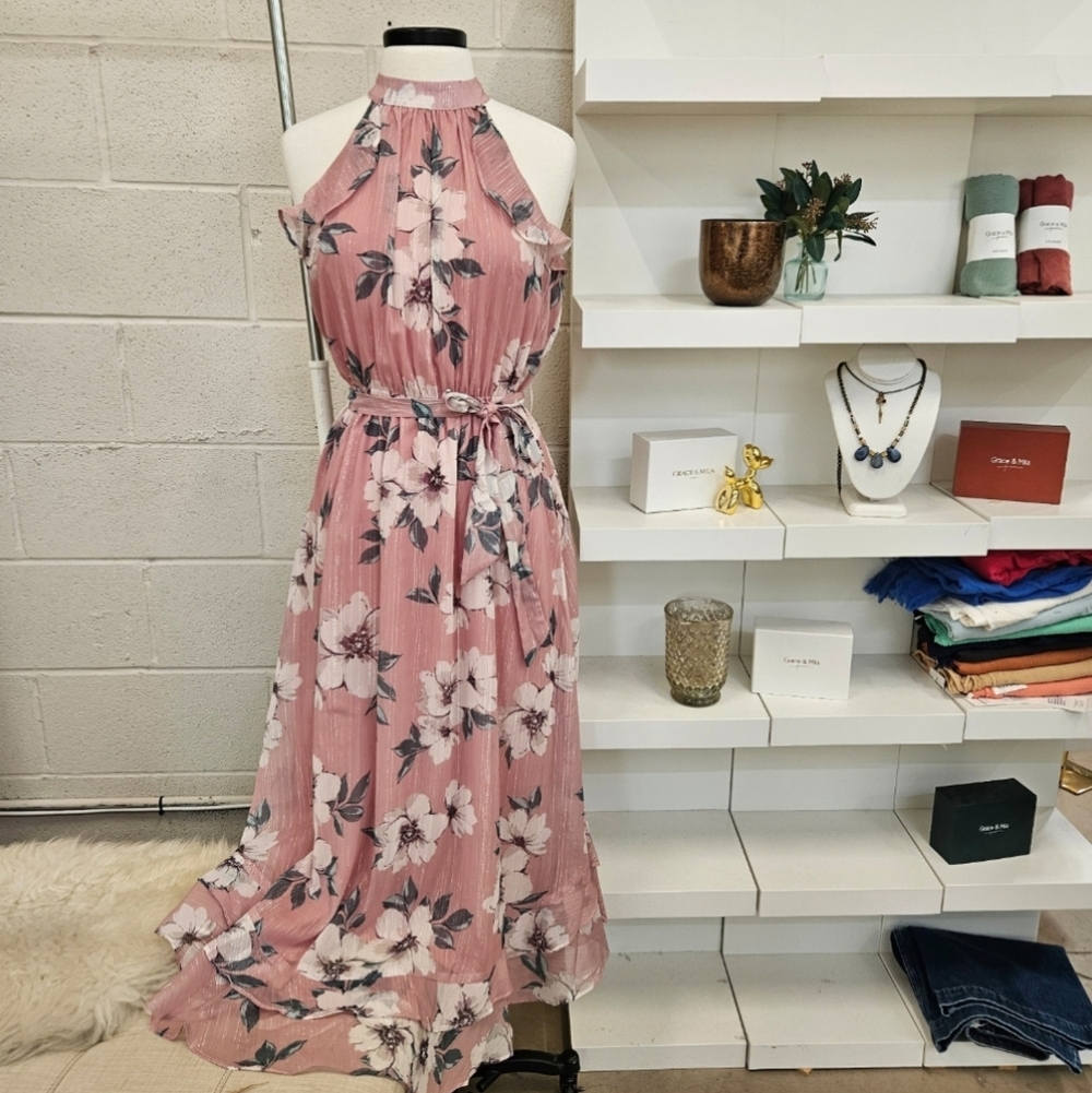 Floral Halterneck Dress With Metallic